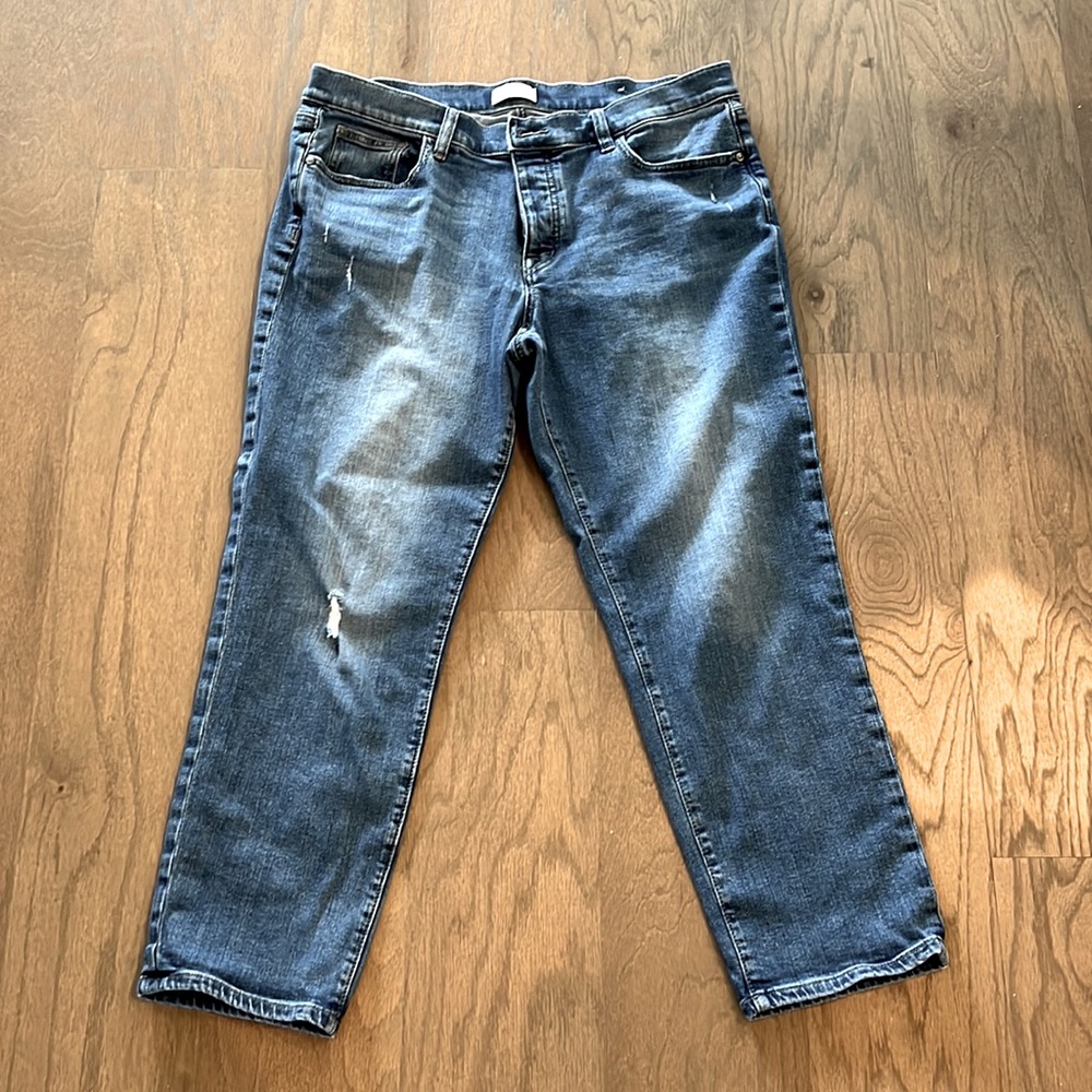 Boyfriend Jeans from Loft Outlet, Med Blue Wash, Slight Crop, Button Fly